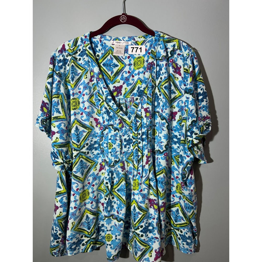 Massey's Womens 3X Blue Lime Geometric Tile Print V-Neck Pintuck Viscose Tunic